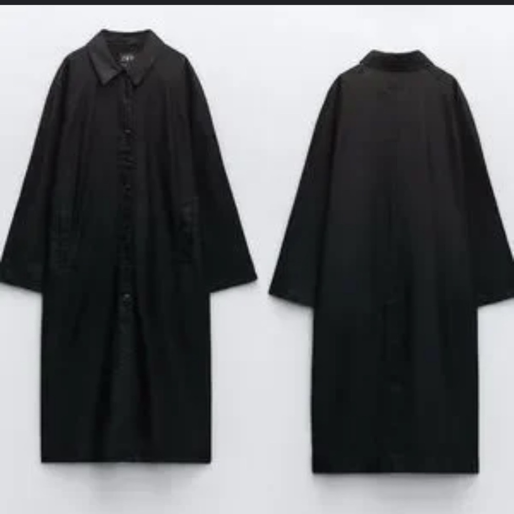 Zara black waxed denim trench coat size XS over size blogger favorite